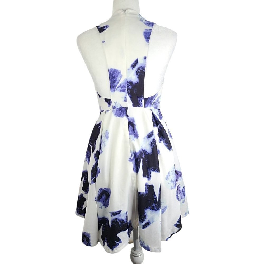 Lulu's White Blue Floral V Neck Sexy Back Mini Sleeveless Dress - Picture 5 of 8